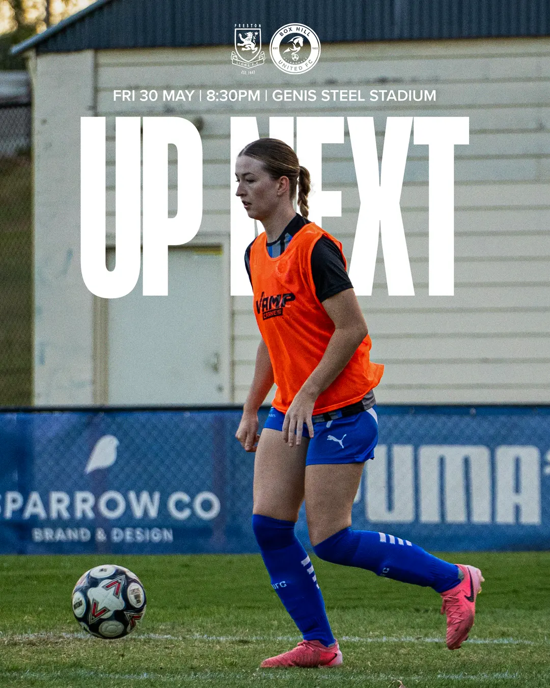 Box Hill United UP NEXT graphic for the senior women, round eleven, 2025: a player in training bib on the ball under huge type.
