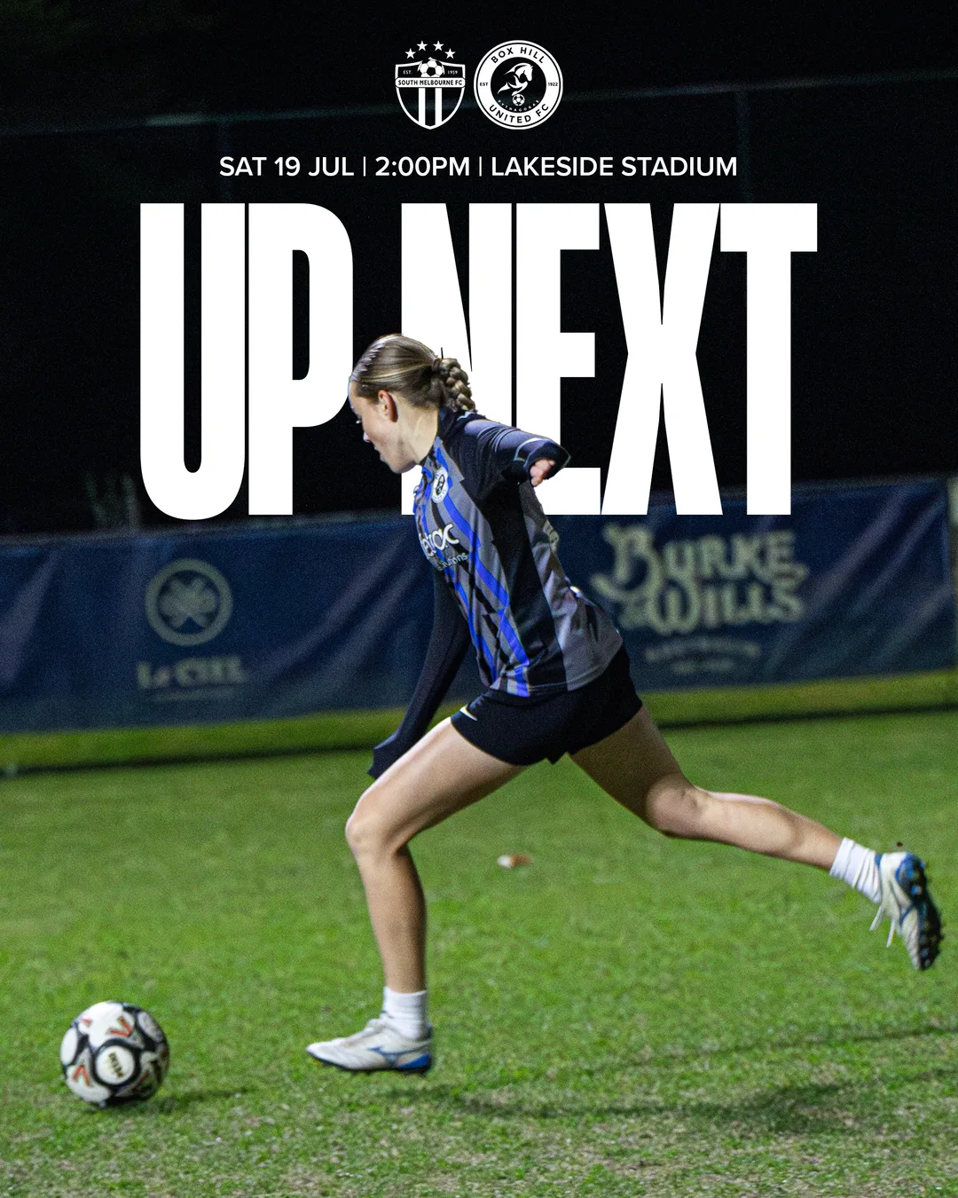 Box Hill United UP NEXT graphic for the senior women, round sixteen, 2025: a player in training bib on the ball under huge type.