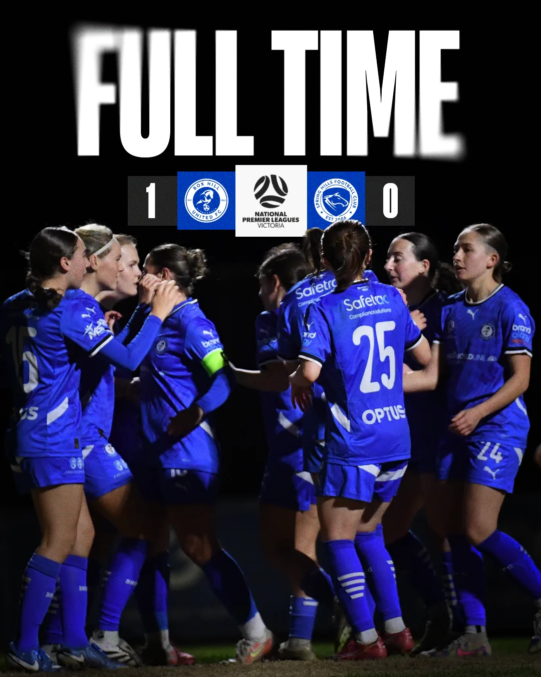 Box Hill United FULL TIME graphic for the senior women, round twenty one, 2025: the score across the top and a player in blue on the ball.