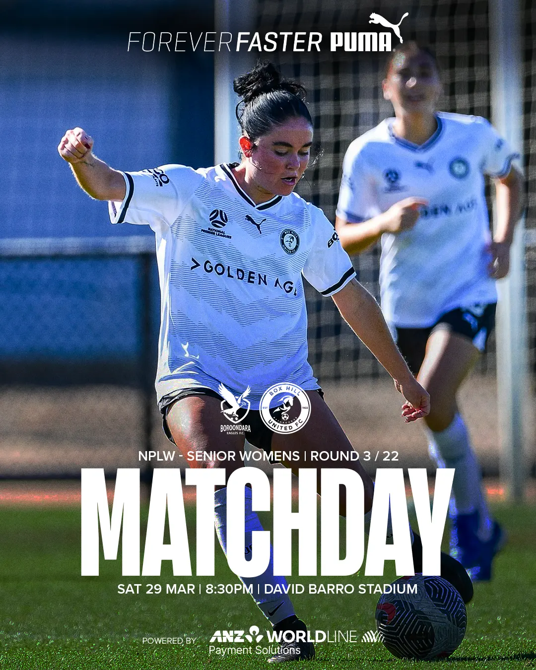 Box Hill United MATCHDAY graphic for the senior women, round three, 2025: a player in blue over the word Matchday.