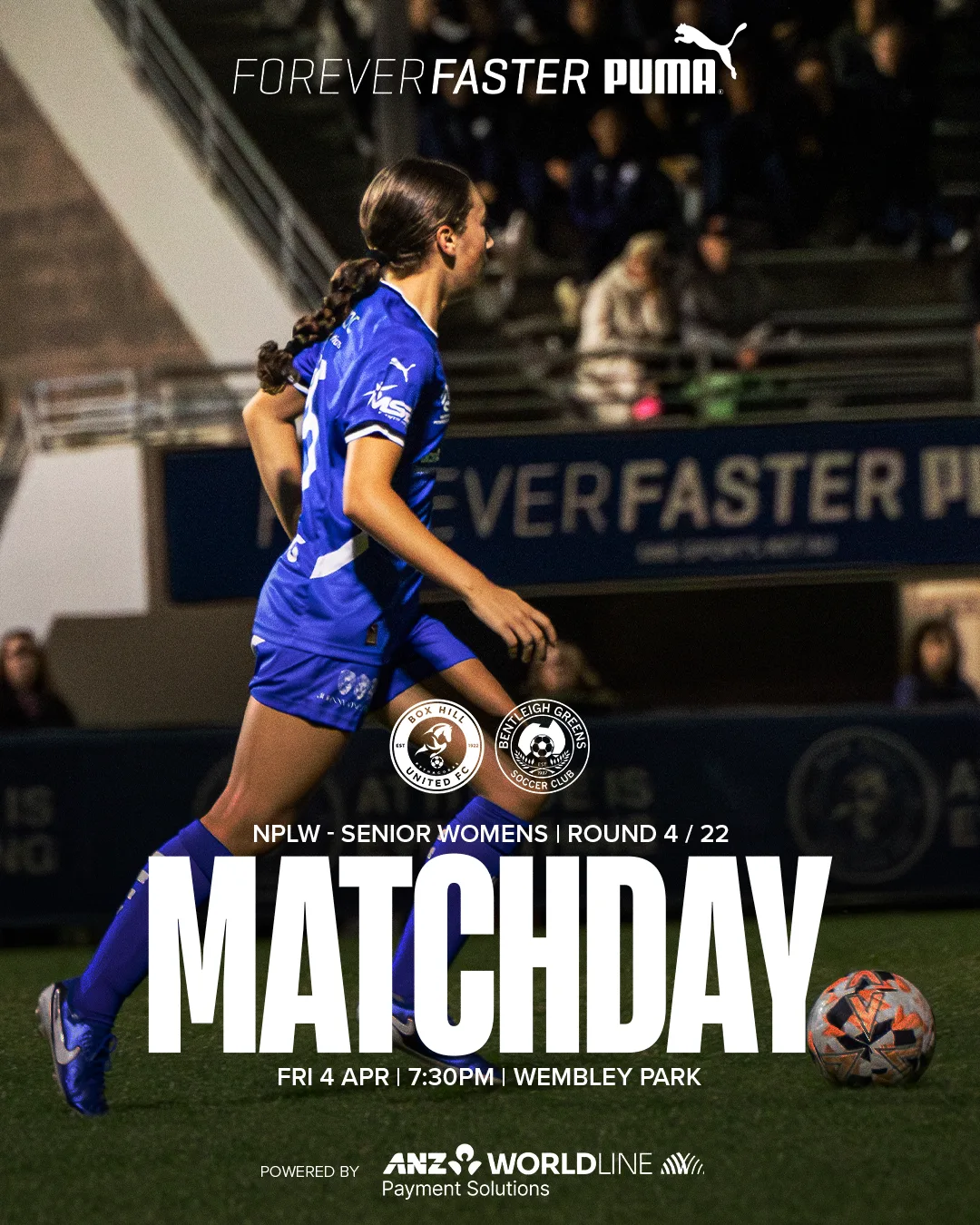 Box Hill United MATCHDAY graphic for the senior women, round four, 2025: a player in blue over the word Matchday.