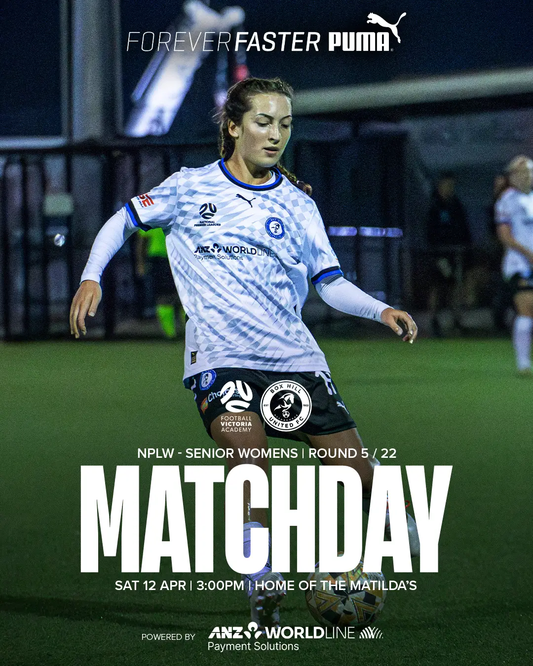 Box Hill United MATCHDAY graphic for the senior women, round five, 2025: a player in blue over the word Matchday.