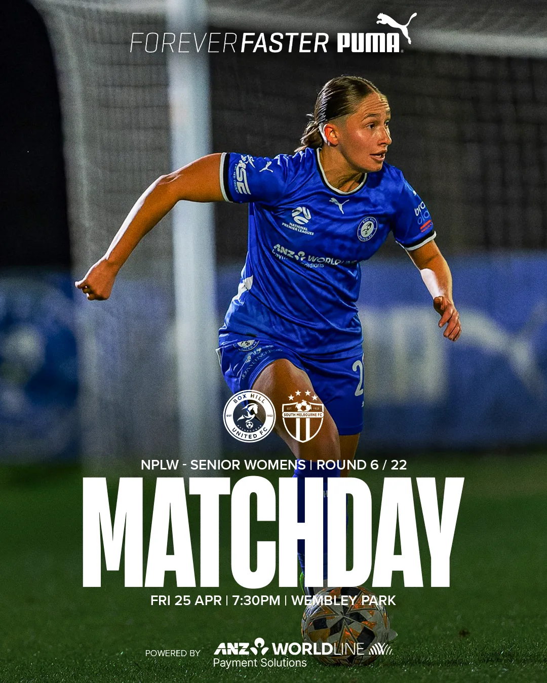 Box Hill United MATCHDAY graphic for the senior women, round six, 2025: a player in blue over the word Matchday.