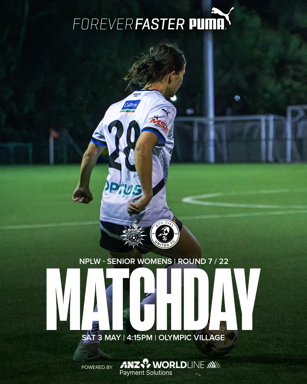 Box Hill United MATCHDAY graphic for the senior women, round seven, 2025: a player in blue over the word Matchday.