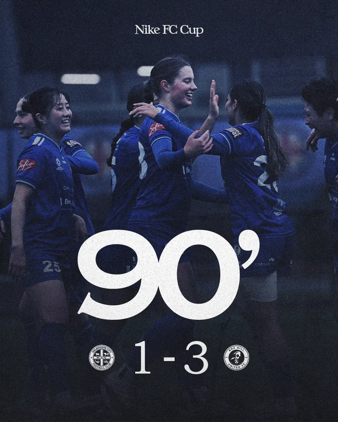 Box Hill United 90 minute result graphic for the senior women, cup round 2: a match photo behind a huge 90 with the score under it.