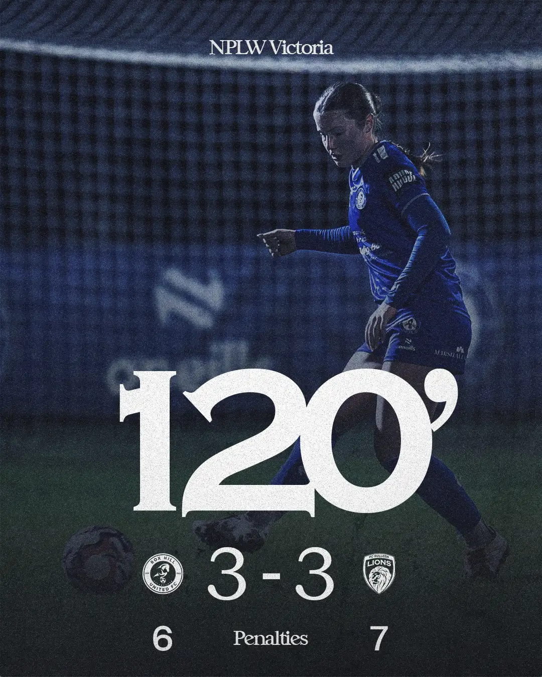 Box Hill United 90 minute result graphic for the senior women, cup round 3: a match photo behind a huge 90 with the score under it.