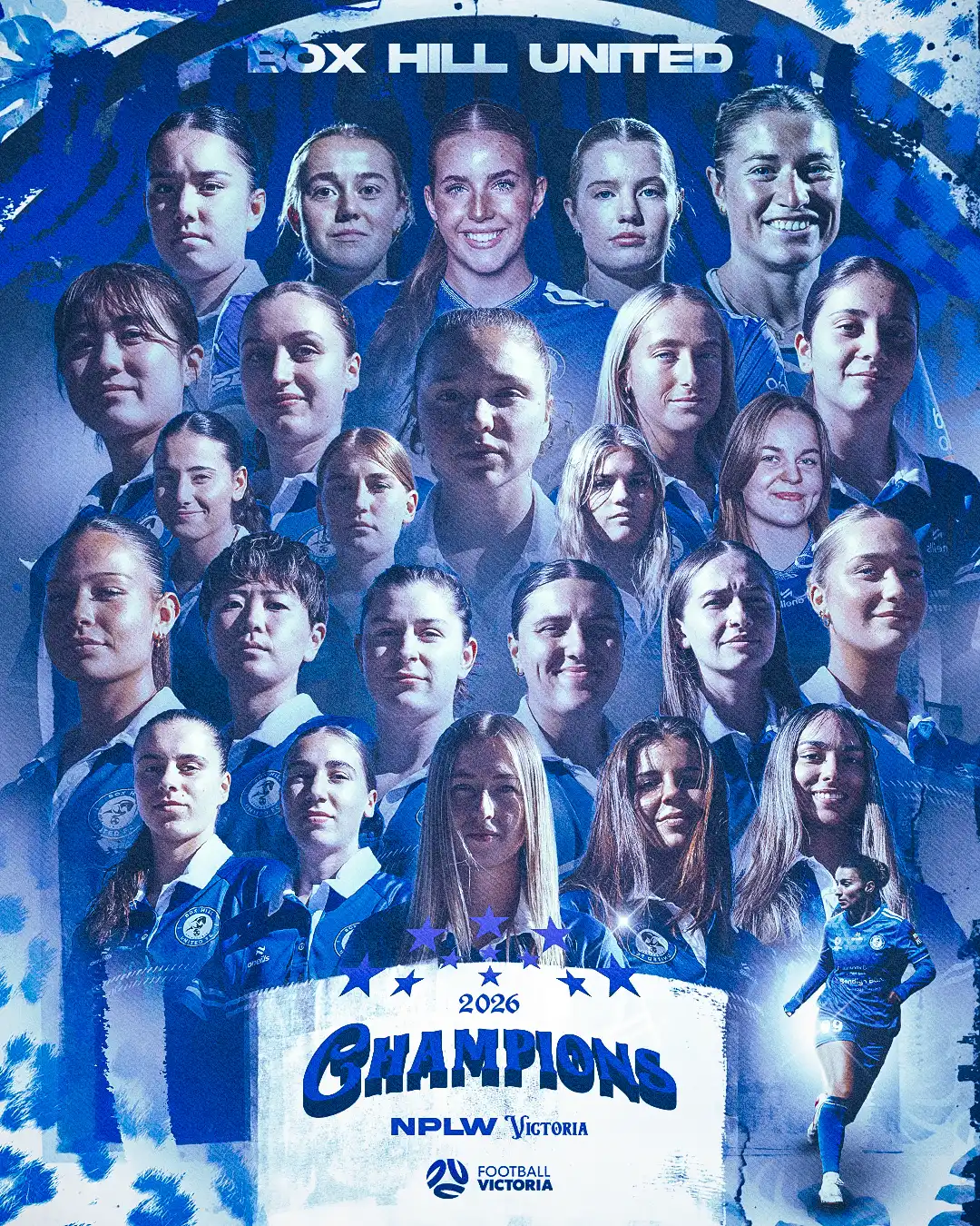 Box Hill United senior women champions graphic: the whole squad in rows of portraits, the word Champions across the bottom.