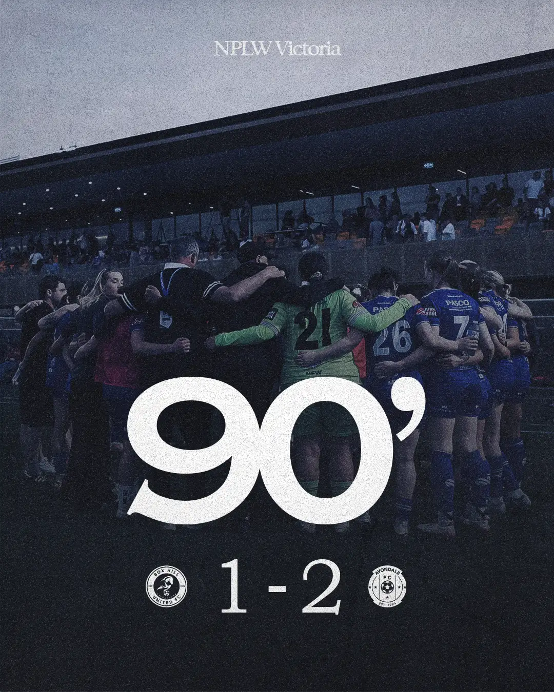 Box Hill United 90 minute result graphic after the grand final: players in a huddle behind a huge 90.