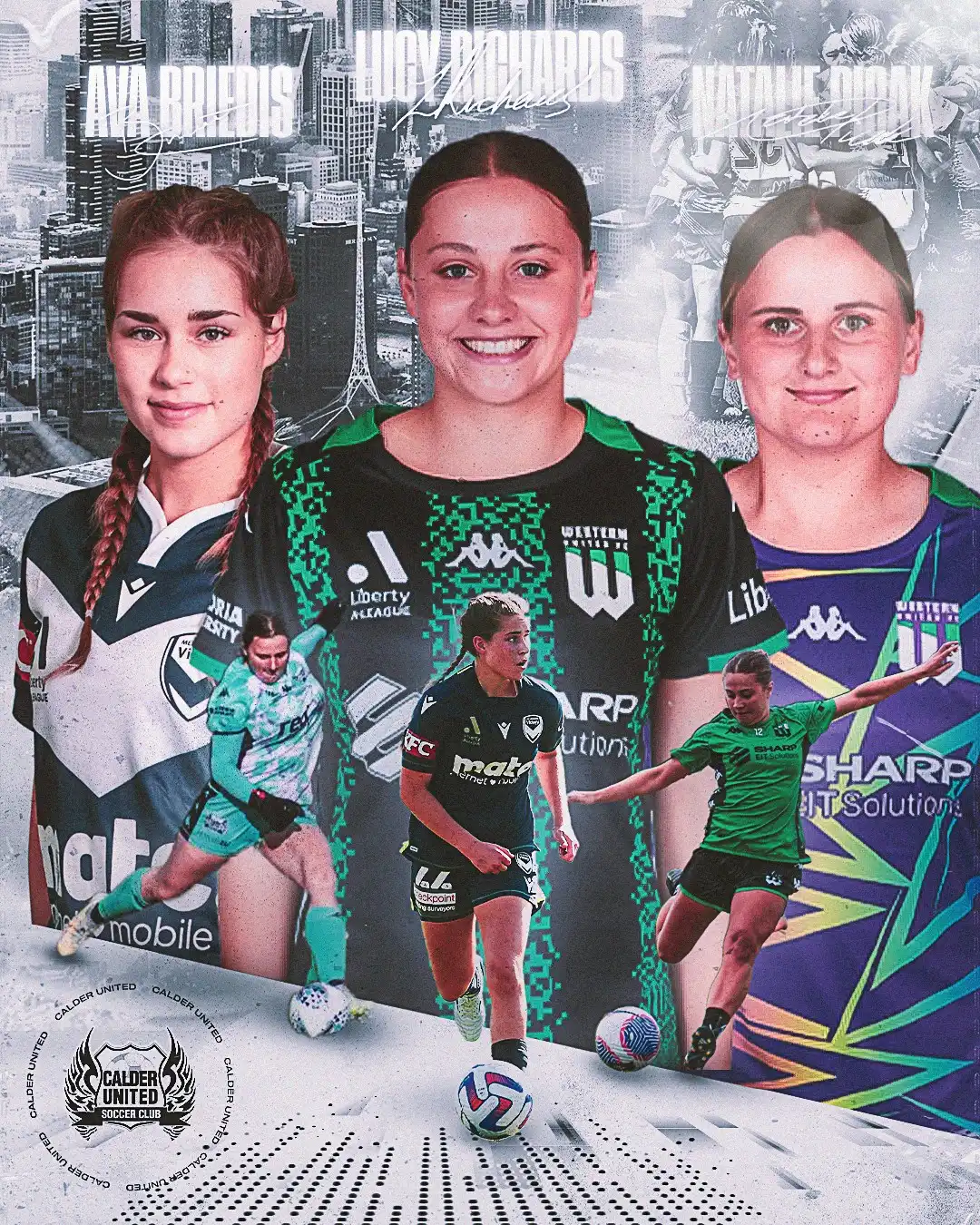 Calder United graphic for three players signing with A-League Women clubs, each shown in her new club's kit over a city skyline.