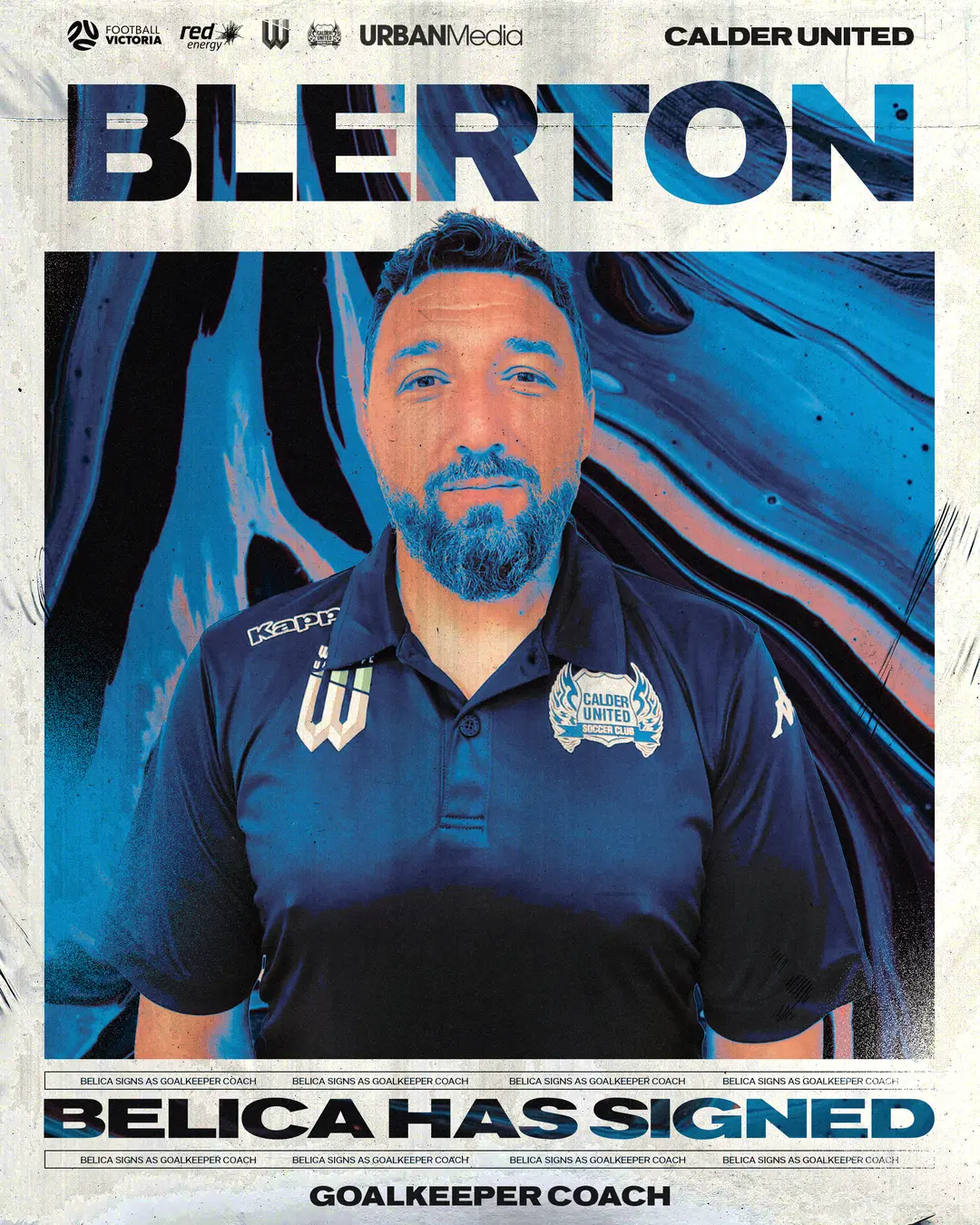 Calder United coach announcement post: a coach in blue duotone under a bold headline, club and partner logos across the top.