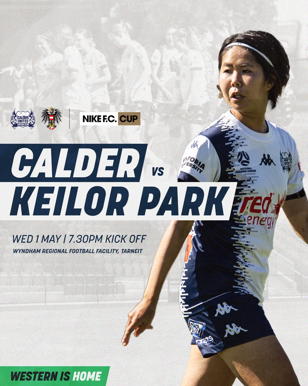Calder United fixtures graphic: the two clubs named over a player in white and navy, with the kick-off time and venue.