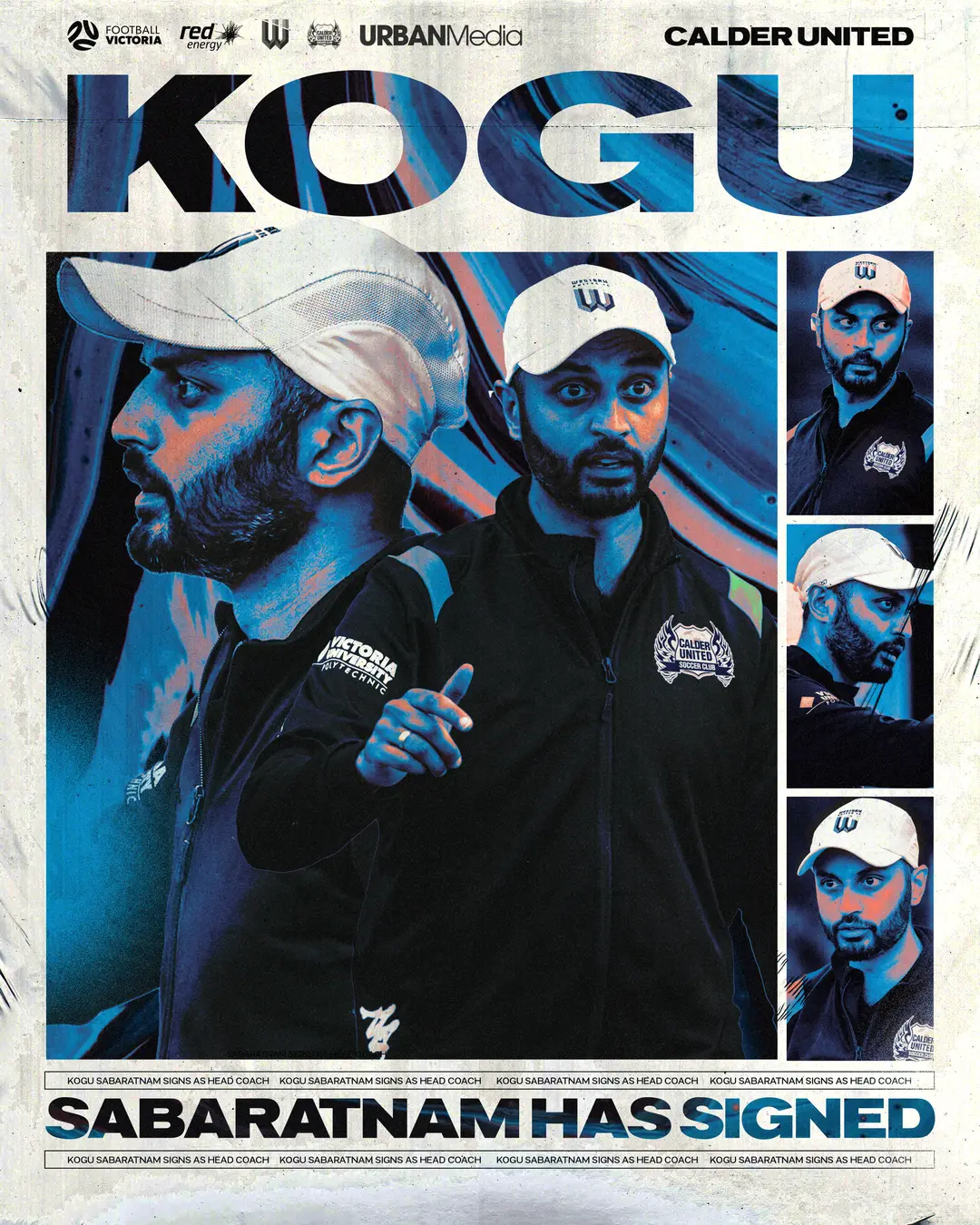 Calder United head coach signing poster: a collage of the coach in blue duotone with the club's logos across the top.